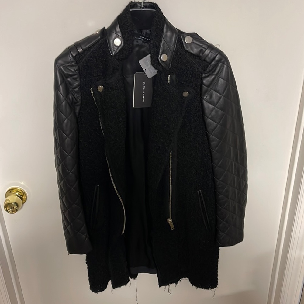 NWT Zara Women Black Quilted Leather-Sleeve Coat